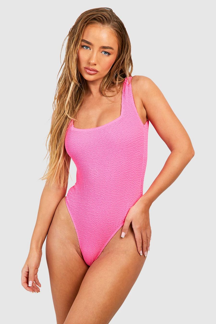 Badeanzug in Knitteroptik mit geradem Ausschnitt, Hot pink
