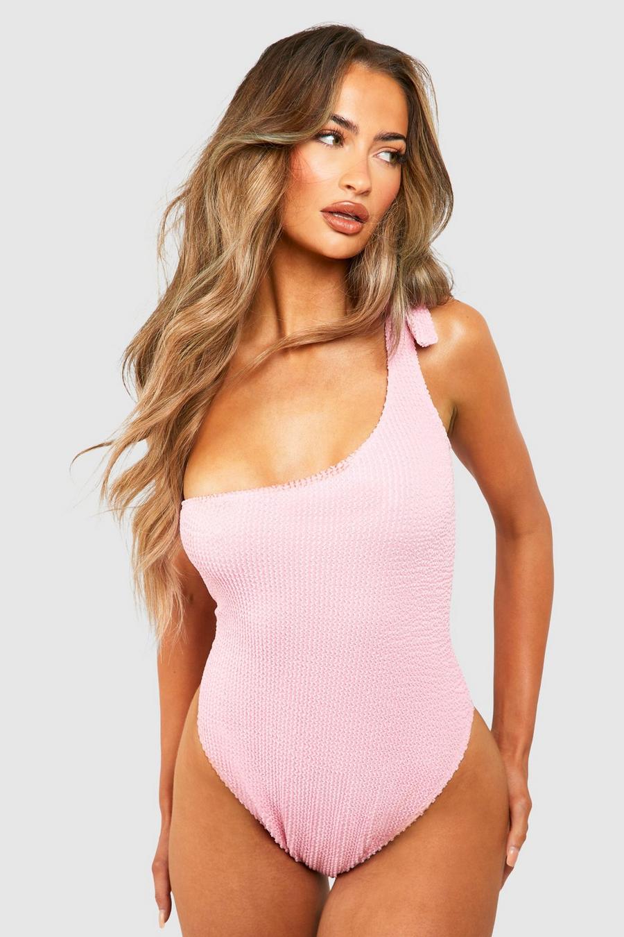 Baby pink Plus Crinkle Ring Belted One Shoulder Swimsuit