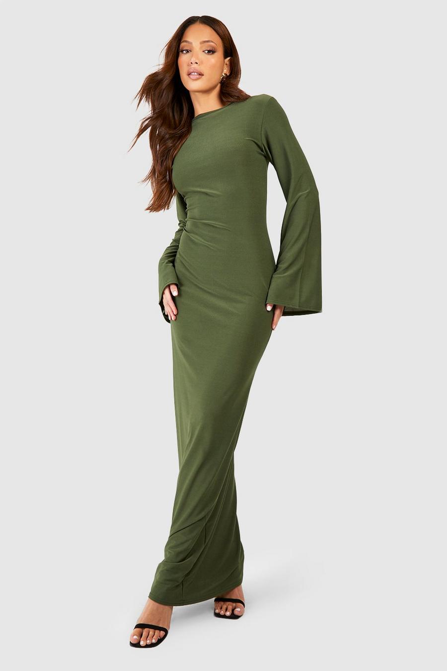 Khaki Tall Premium Soft Touch Scoop Back Flare Sleeve Maxi Dress image number 1