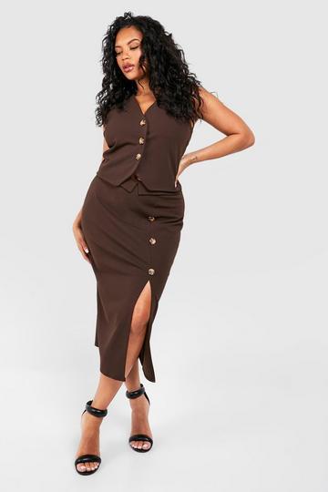 Plus Crepe Button Front Split Midi Skirt chocolate