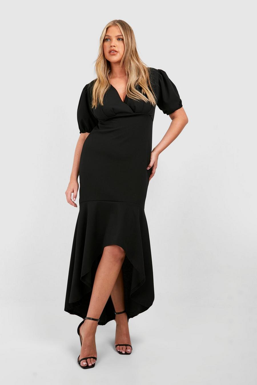 Black Plus Puff Sleeve Fishtail Maxi Dress