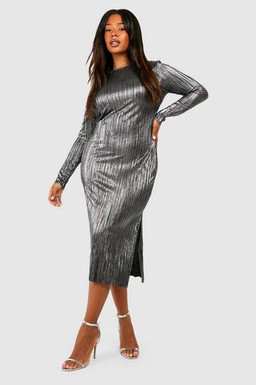 Silver Plus Metallic Plisse Long Sleeve Column Midi Dress