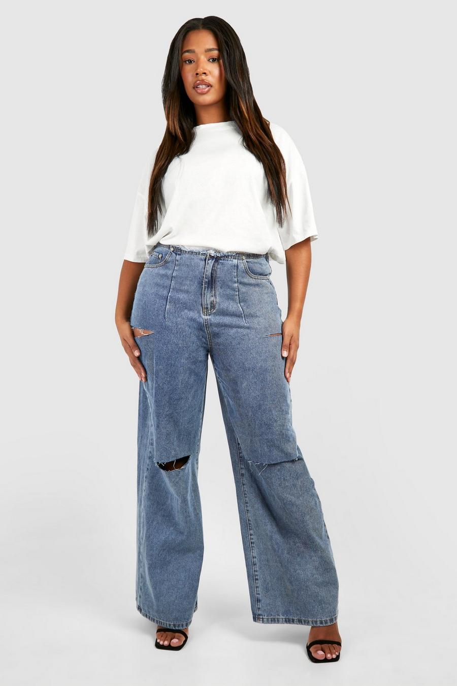 Jeans dritti Plus Size con strappi alla coscia, Vintage wash