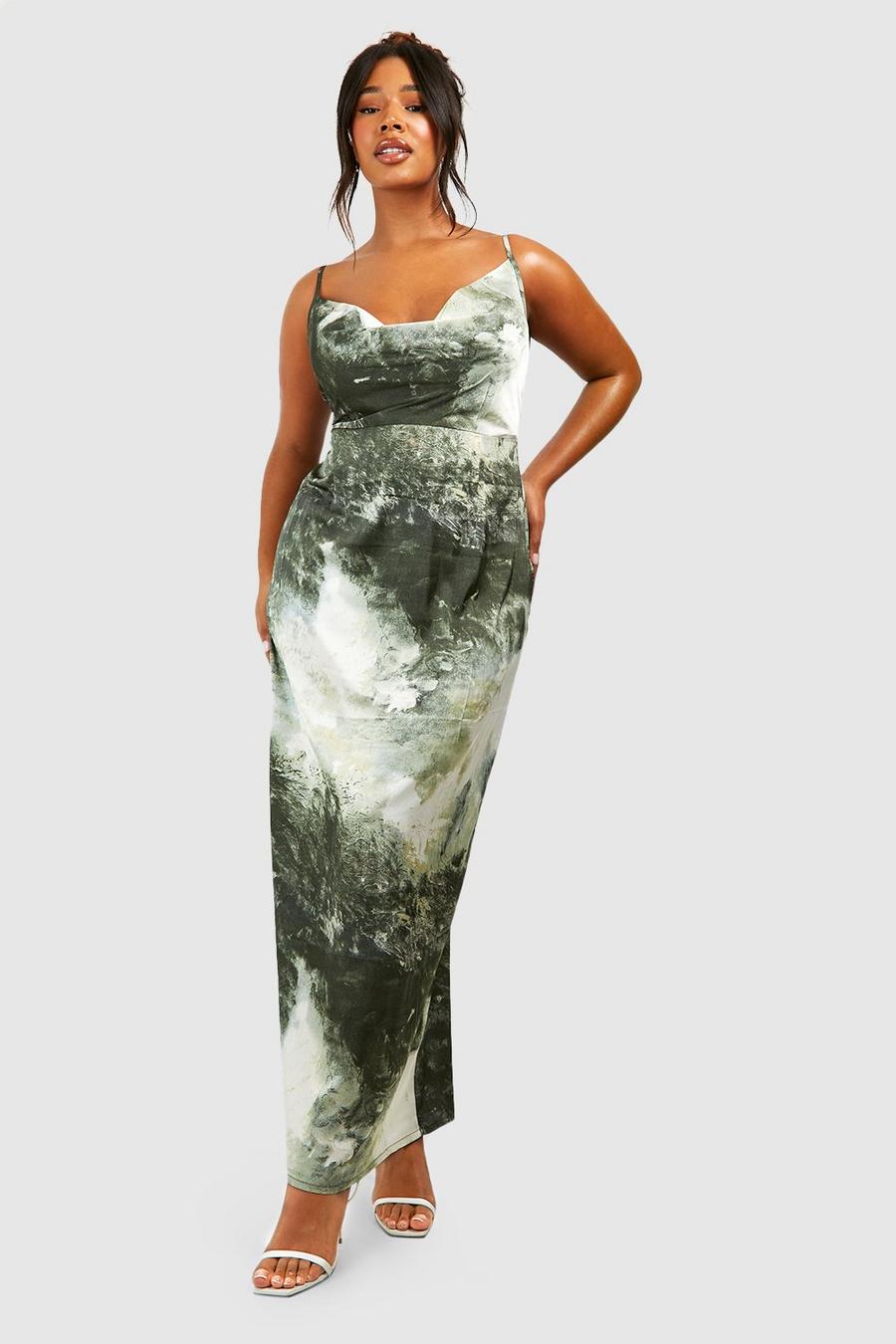 Grande taille - Robe longue satinée à imprimé marbre, Green image number 1