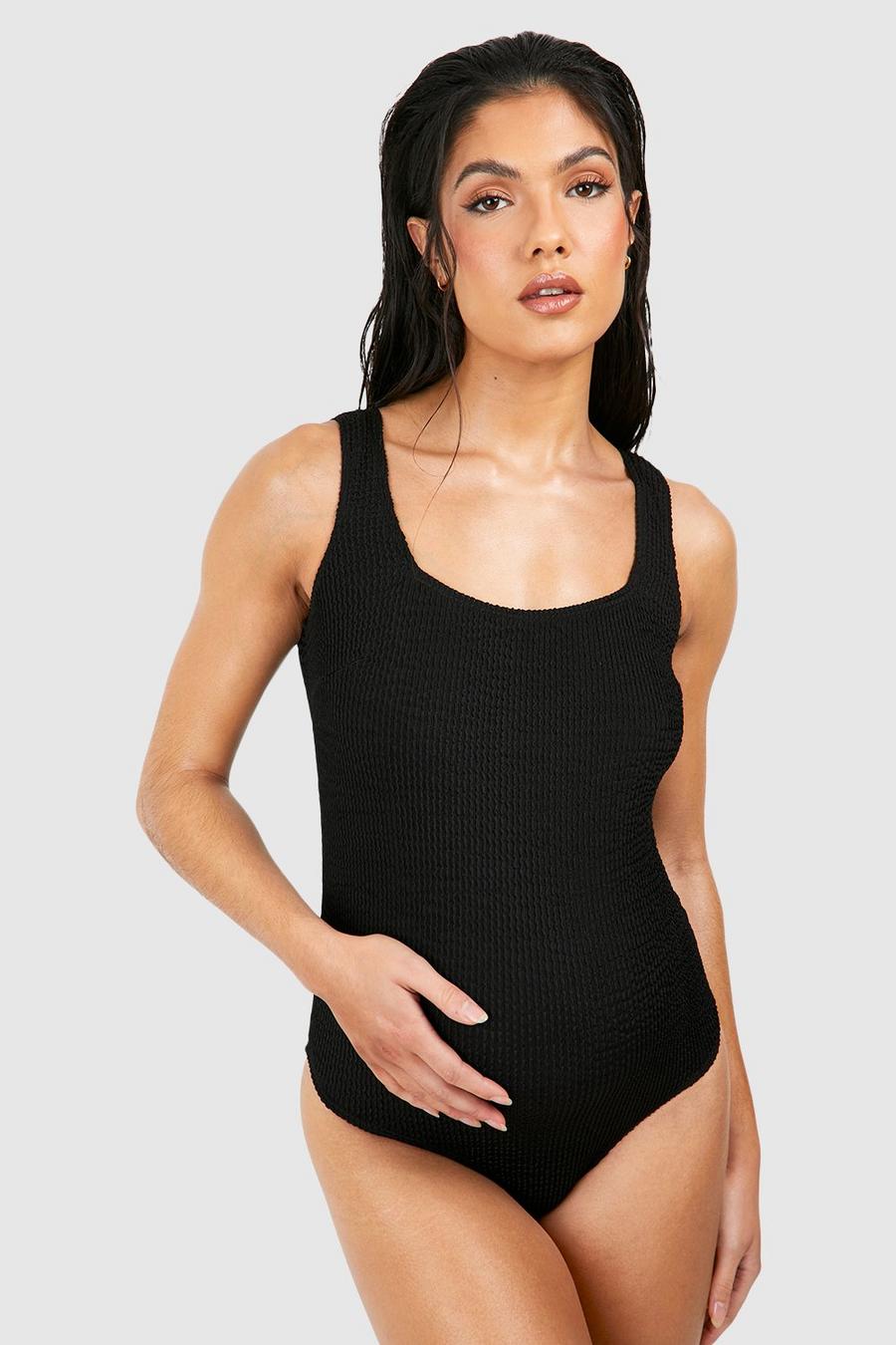 Black Maternity Crinkle Square Neck Swimsuit image number 1