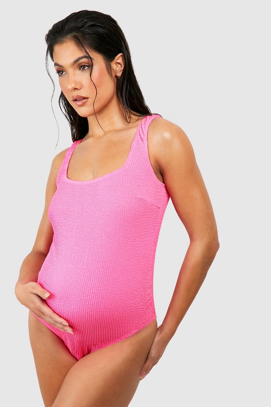 Hot pink Mammakläder Baddräkt med struktur och fyrkantig halsringning image number 1