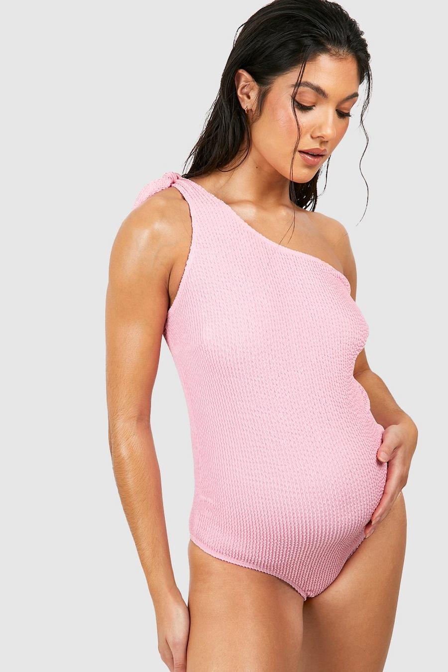 Baby pink Maternity Crinkle Tie One Shoulder Swimsuit