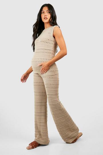 Stone Beige Maternity Crochet Tunic And Wide Leg Pants Knitted Set