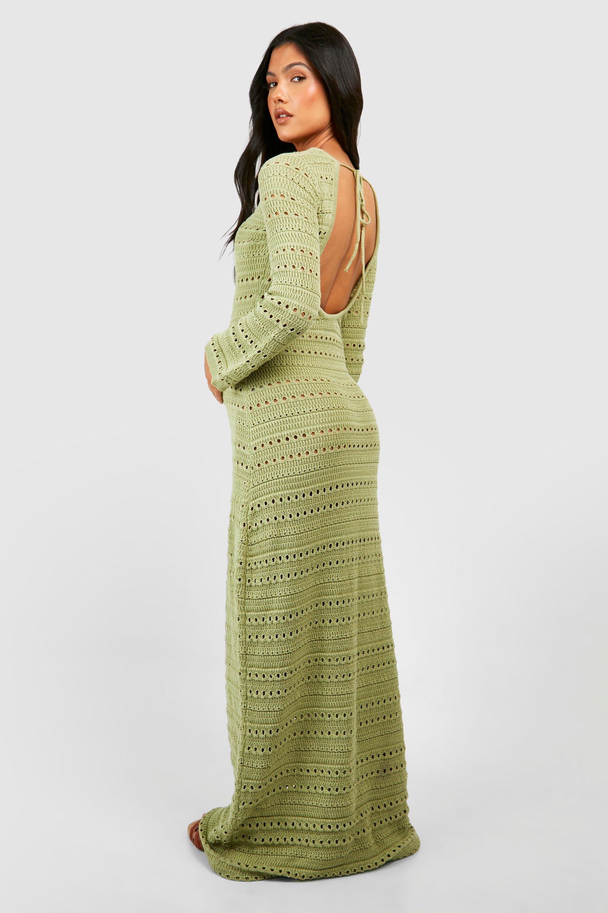 Boohoo Women s Maternity Crochet Flare Sleeve Tie Back Knitted Maxi Dress