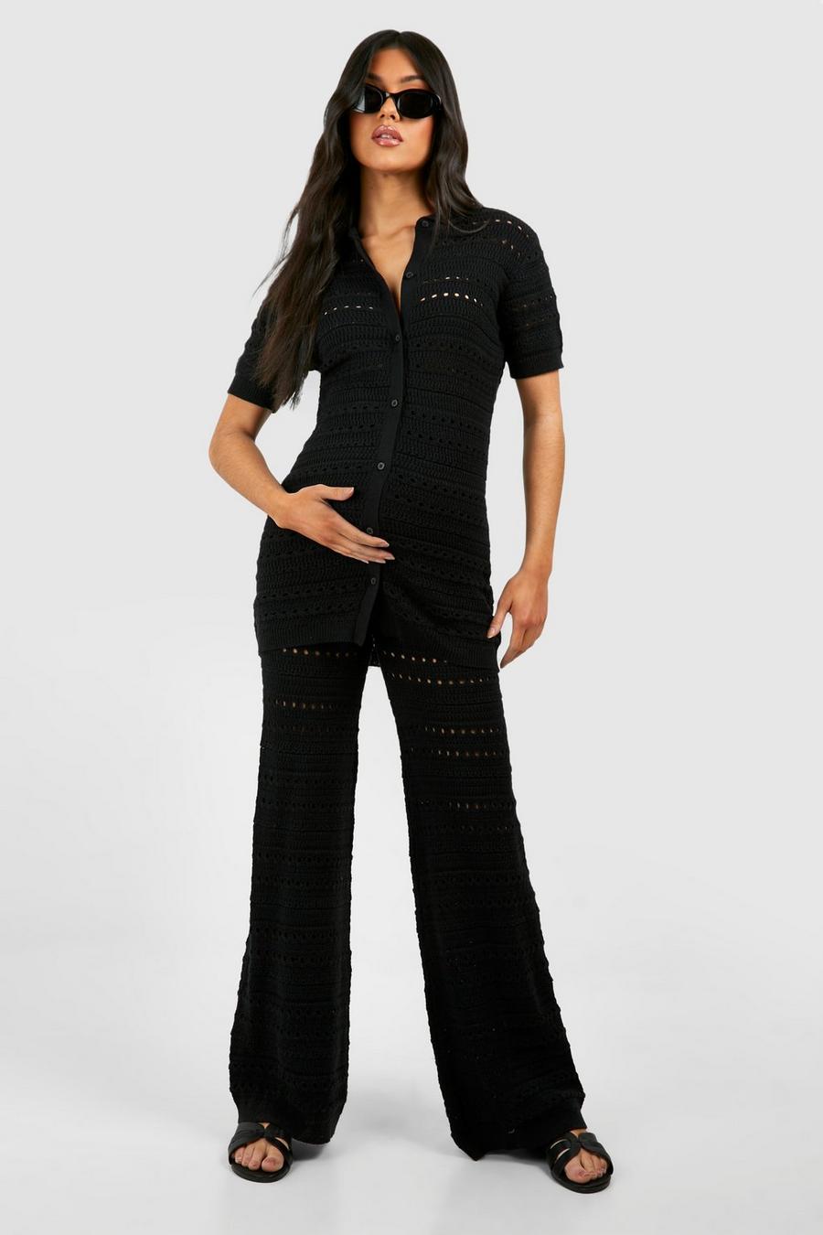 Black Maternity Crochet Knitted Shirt And Wide Leg Trouser Co-ord image number 1
