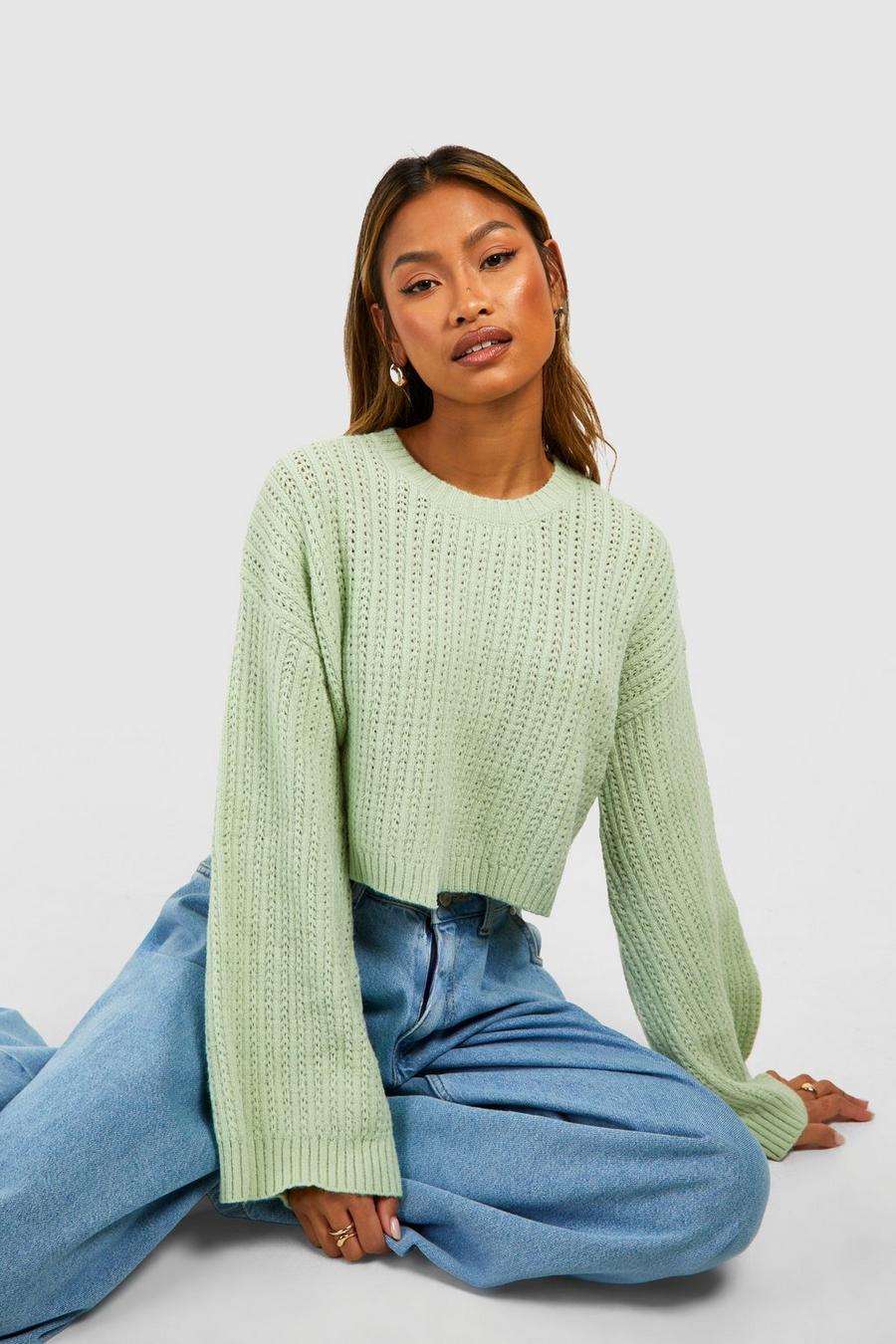 Green Flare Sleeve Crop Sweater image number 1