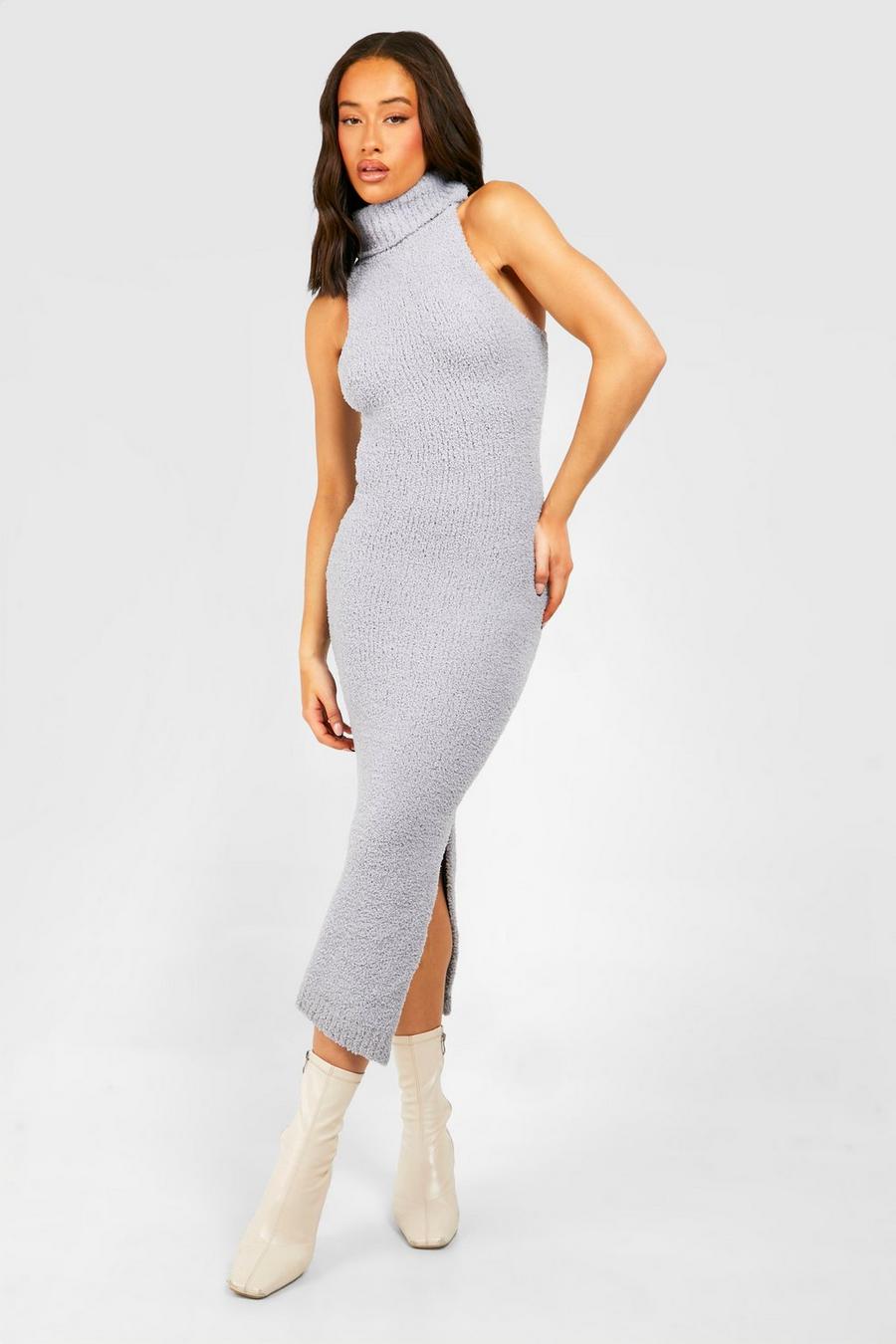 Grey Teddy Soft Roll Neck Sleeveless Knitted Dress image number 1