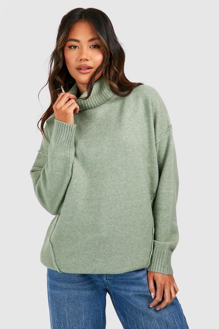 Khaki Soft Knit Turtleneck Oversized Longline Sweater image number 1