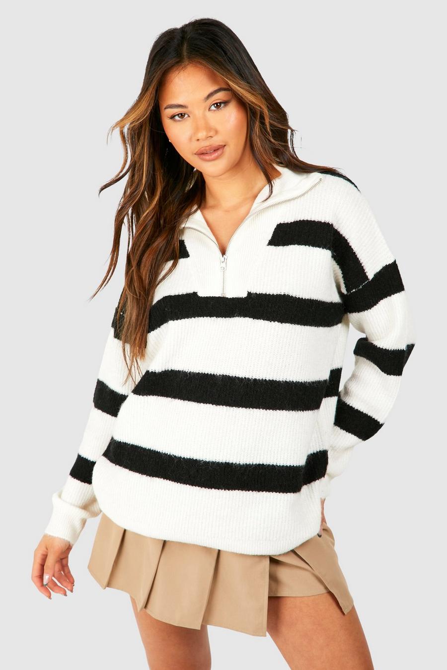 Gestreifter Pullover mit Trichterkragen und halbem Reißverschluss, White