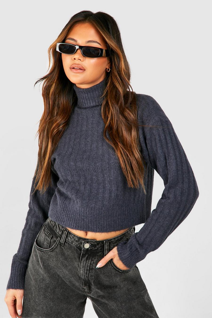 Charcoal Soft Rib Knit Roll Neck Crop Jumper image number 1
