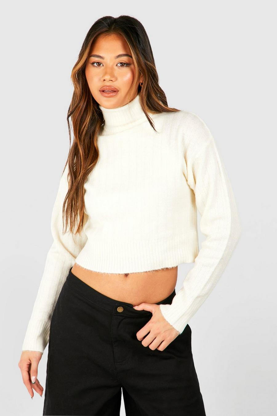 Ivory Soft Rib Knit Turtleneck Crop Sweater