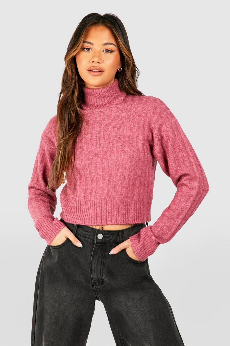 Jersey crop de punto y canalé suave con cuello vuelto, Rose