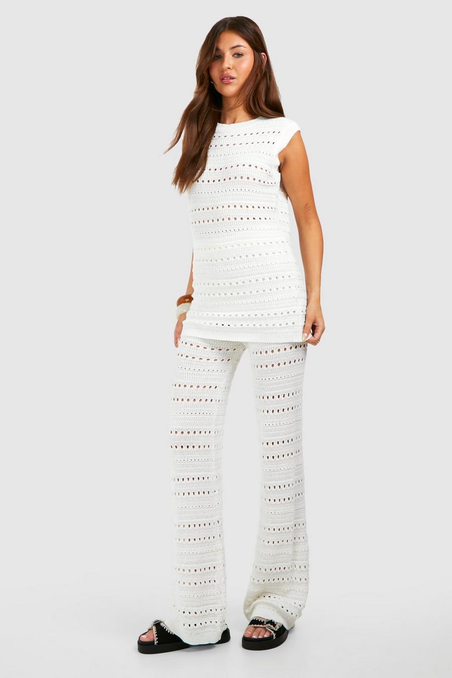Ivory Crochet Tunic And Wide Leg Trouser Knitted Set
