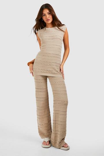 Crochet Tunic And Wide Leg Trouser Knitted Set stone