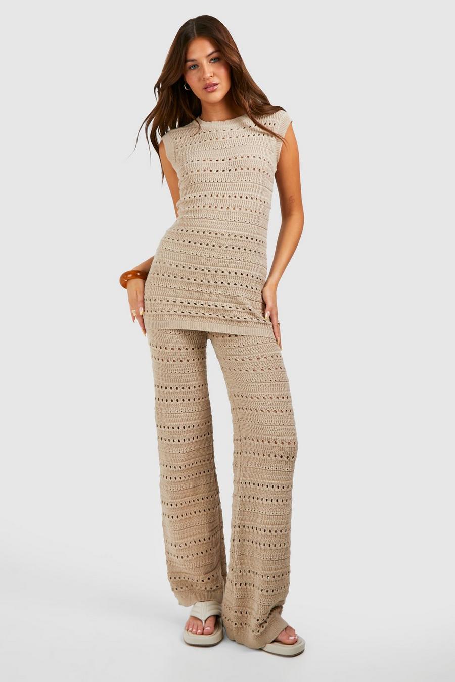 Stone Crochet Tunic And Wide Leg Pants Knitted Set