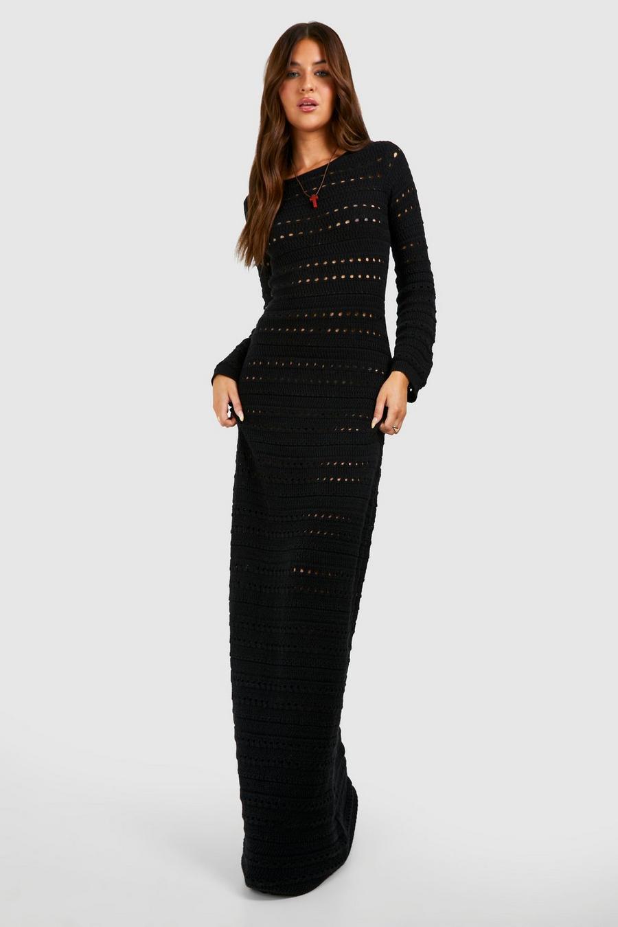 Black Crochet Flare Sleeve Tie Back Knitted Maxi Dress