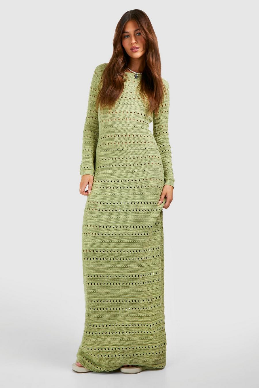 Khaki Crochet Flare Sleeve Tie Back Knitted Maxi Dress image number 1