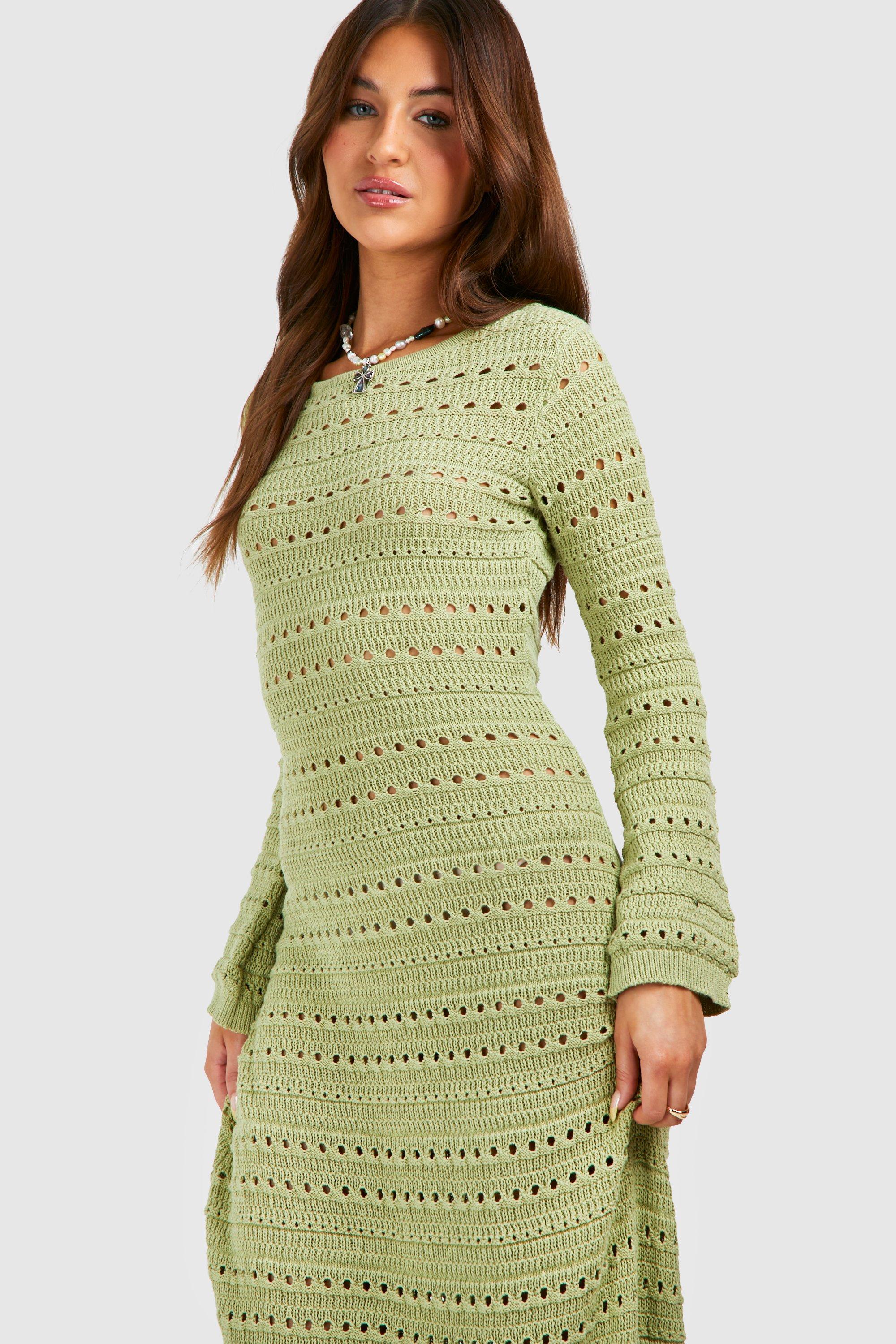Crochet Flare Sleeve Tie Back Knitted Maxi Dress | boohoo Crochet Flare Sleeve Tie Back Knitted Maxi Dress | boohoo