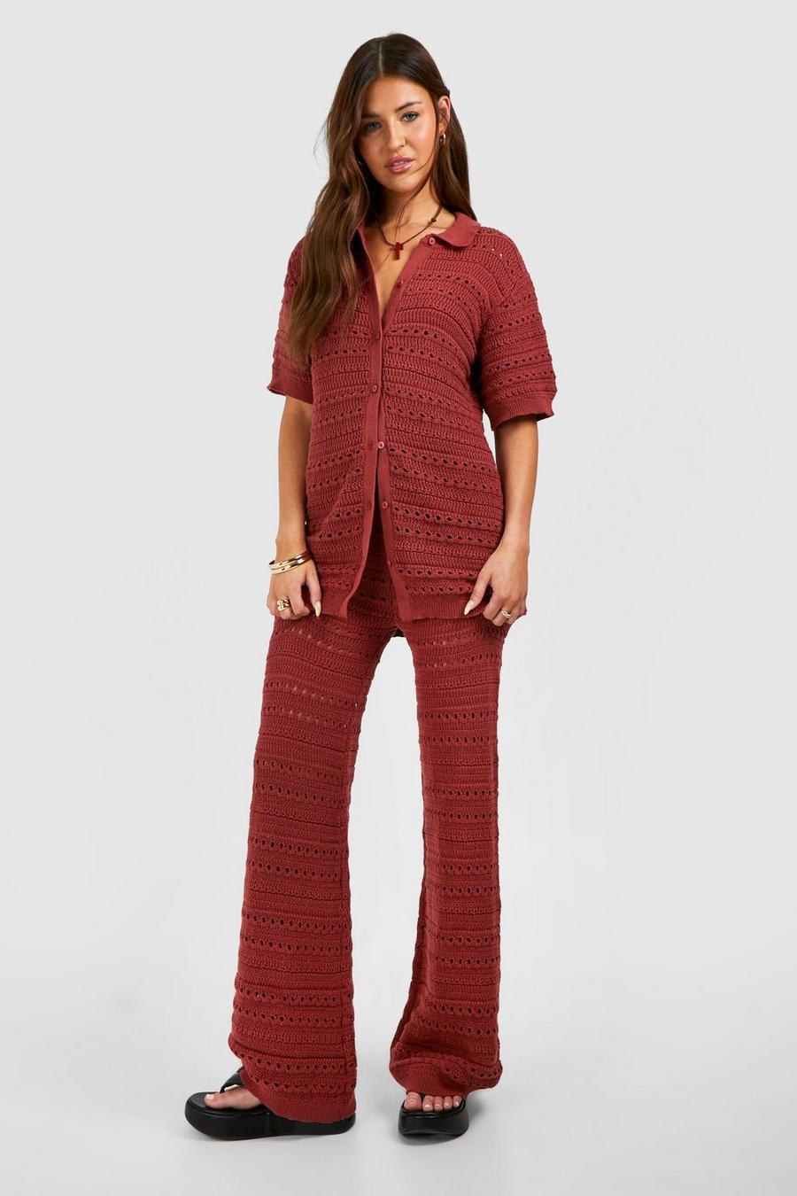 Conjunto coordinado de pantalón de pernera ancha y camisa de punto de croché, Rust image number 1