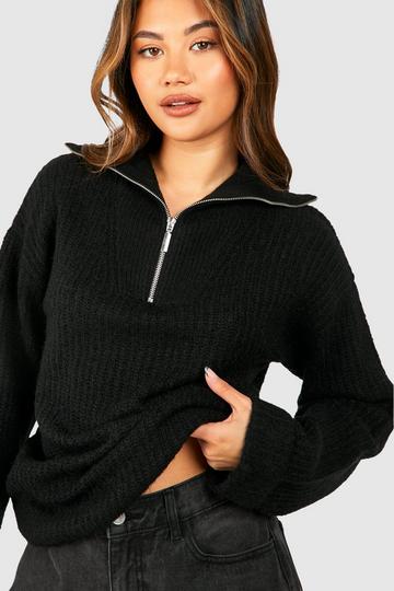 Black Chunky Soft Knit Half Zip Sweater