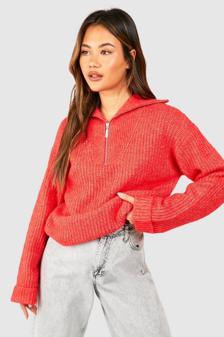 Tomato Chunky Soft Knit Half Zip Jumper  image number 1