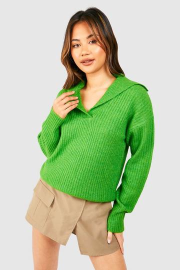 Soft Rib Knit Polo Collar Jumper green