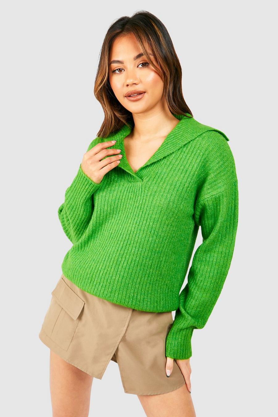 Maglione in maglia a coste morbide con colletto stile polo, Green