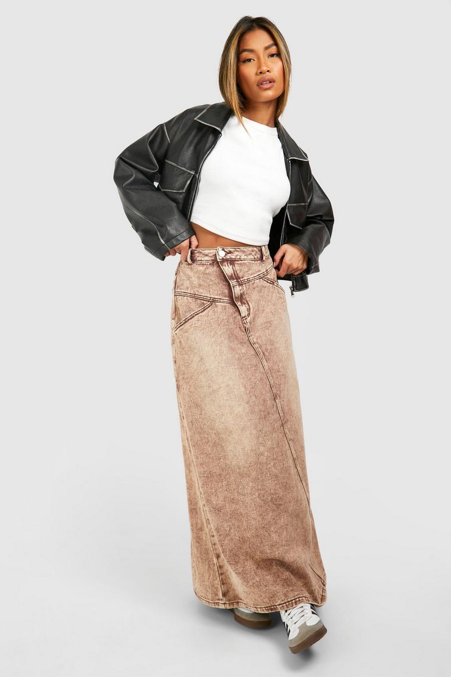 Jupe longue asymétrique en jean délavé à coutures apparentes, Brown image number 1