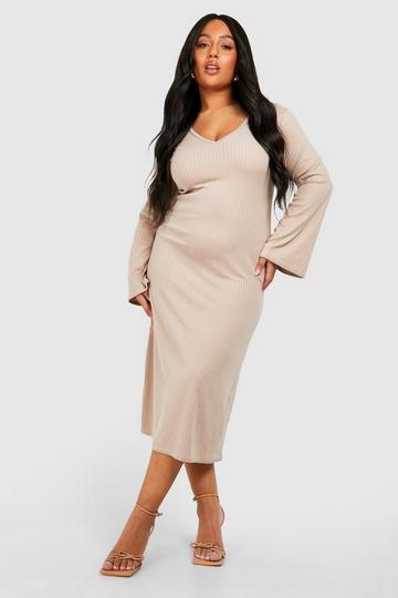 Plus Wide Soft Rib V Neck Column Midi Dress stone