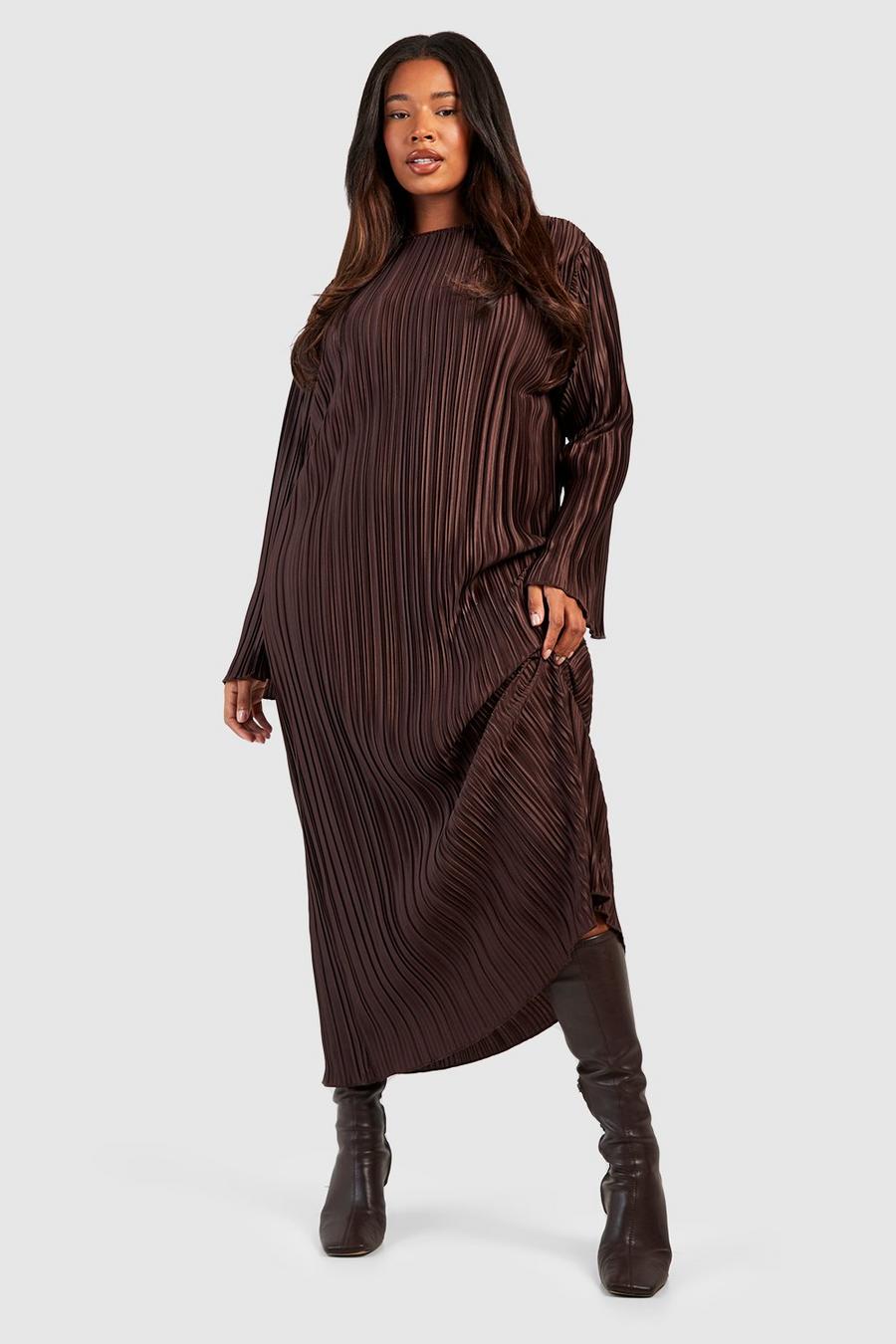 Grande taille - Robe longue plissée, Chocolate image number 1
