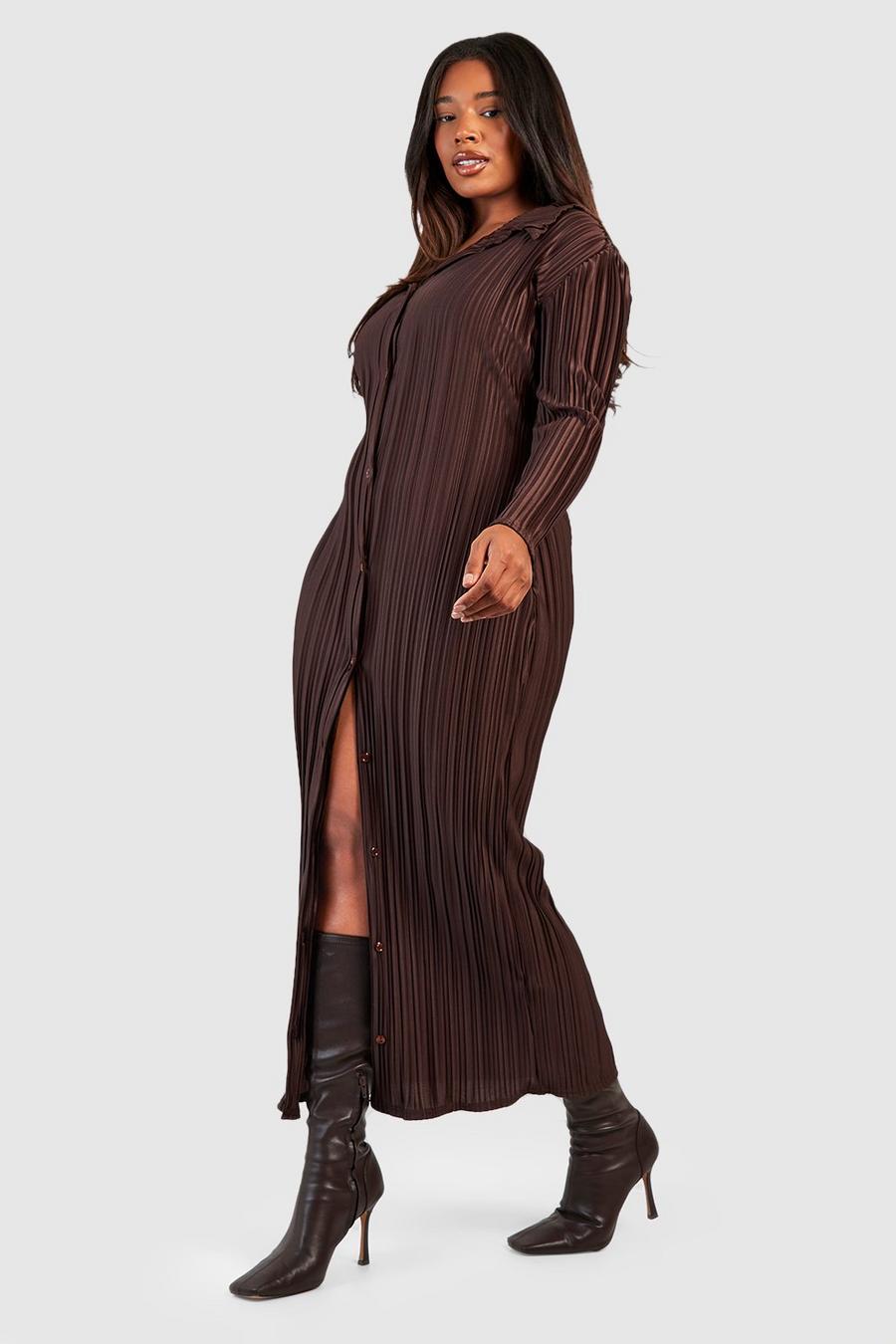 Chocolate marrón Plus Wide Plisse Midaxi Shirt Dress