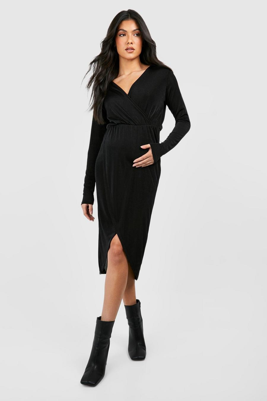 Black Maternity Acetate Slinky Wrapover Midi Dress image number 1