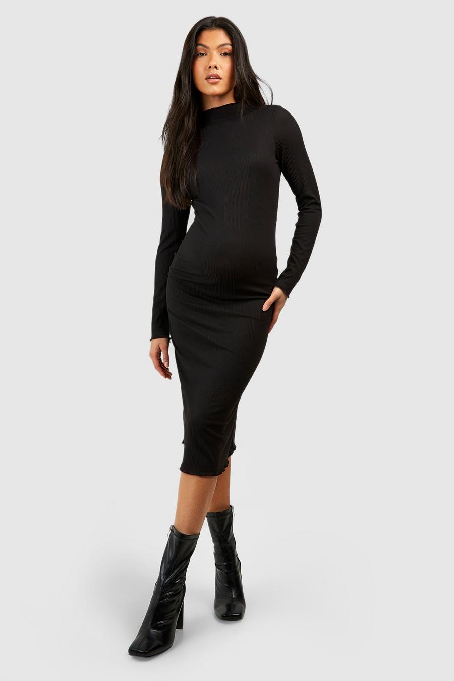 Black Maternity Soft Rib Lettuce Hem Midi Dress image number 1
