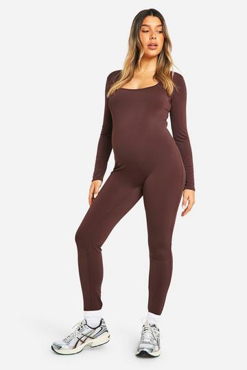 Zwangerschap Matte Strakke Unitard Met Vierkante Hals dark brown