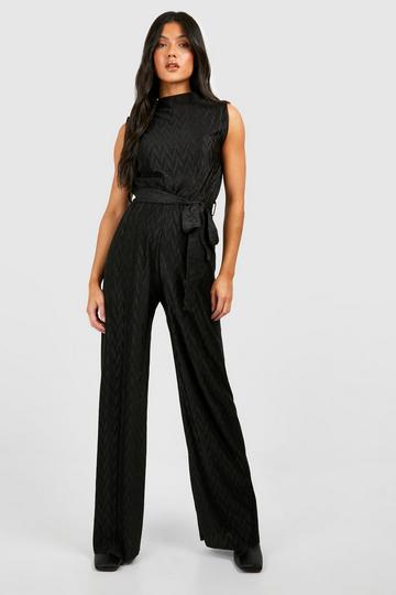 Maternity Wave Plisse Belted Wide Leg Jumpsuit black