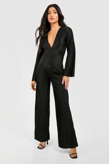 Maternity Wave Plisse V Neck Wide Leg Jumpsuit black