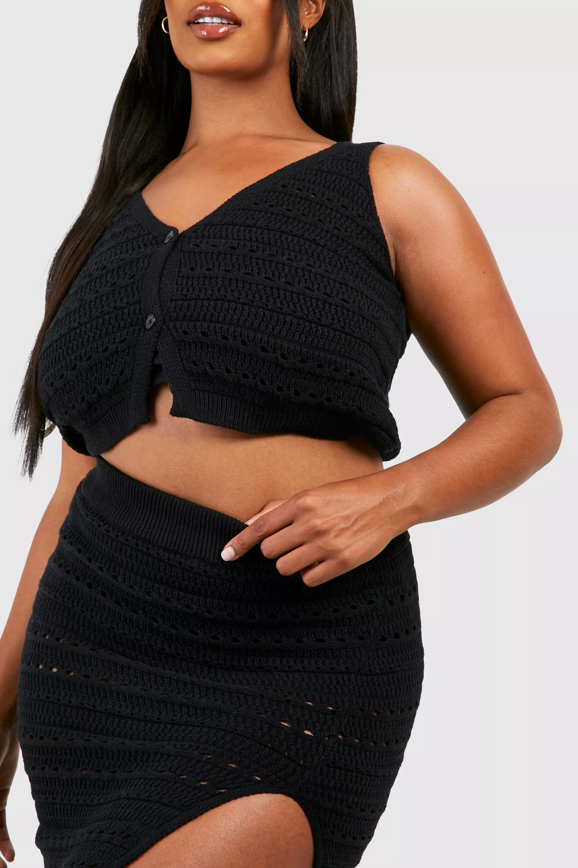 Black Plus Crop Waistcoat And Wrap Front Maxi Skirt  صورة بديلة