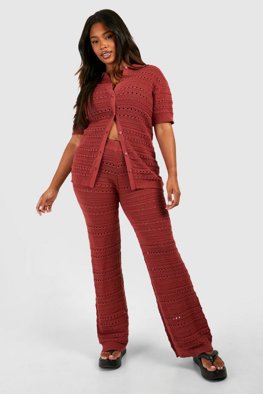 Grande taille - Ensemble oversize avec chemise à manches courtes et pantalon large, Rust