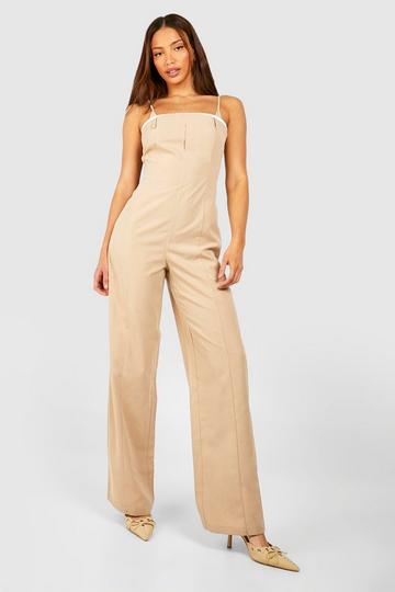 Beige Tall Pleat Detail Wide Leg Jumpsuit