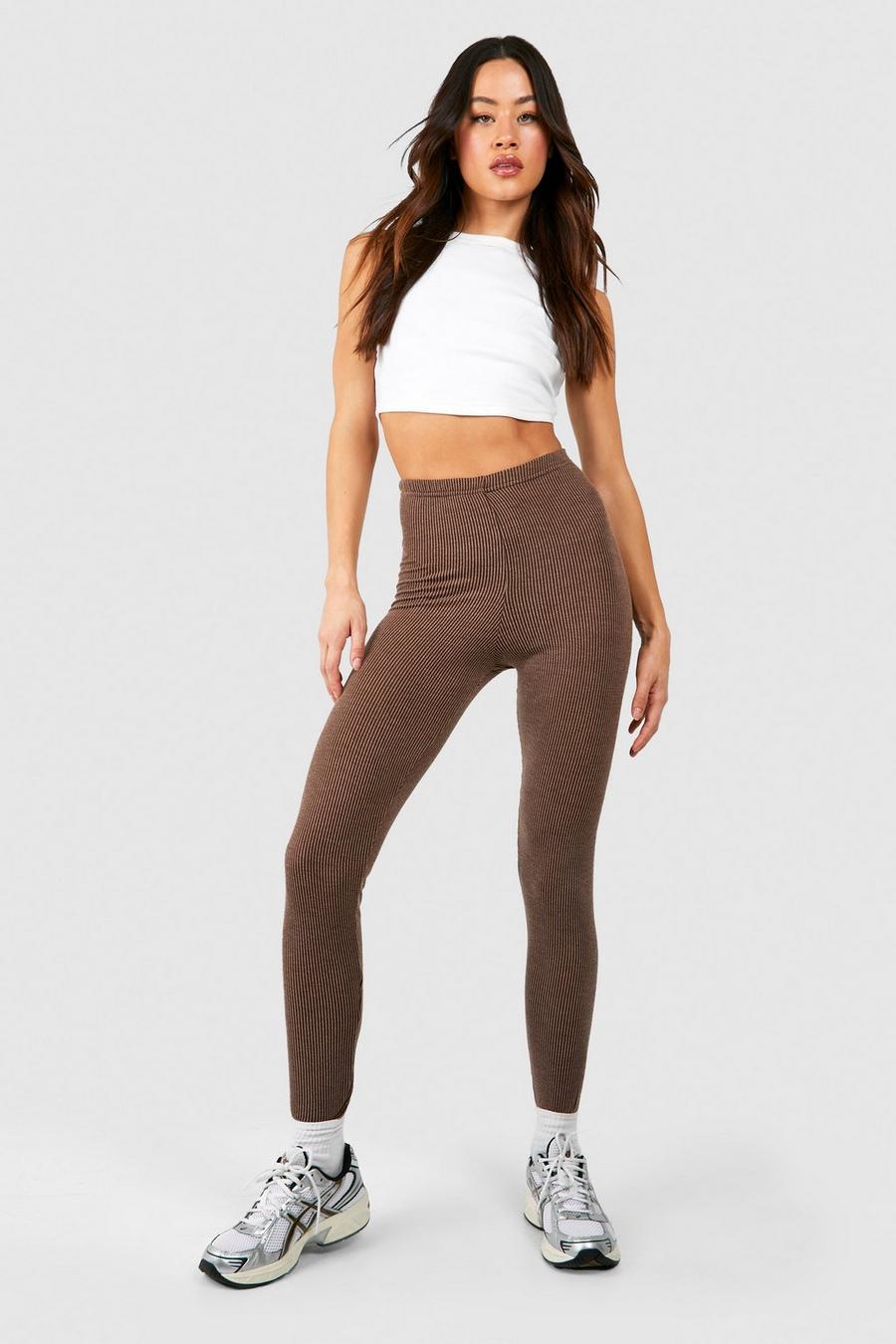 Chocolate Tall Washed Two Tone Ribbed Leggings image number 1