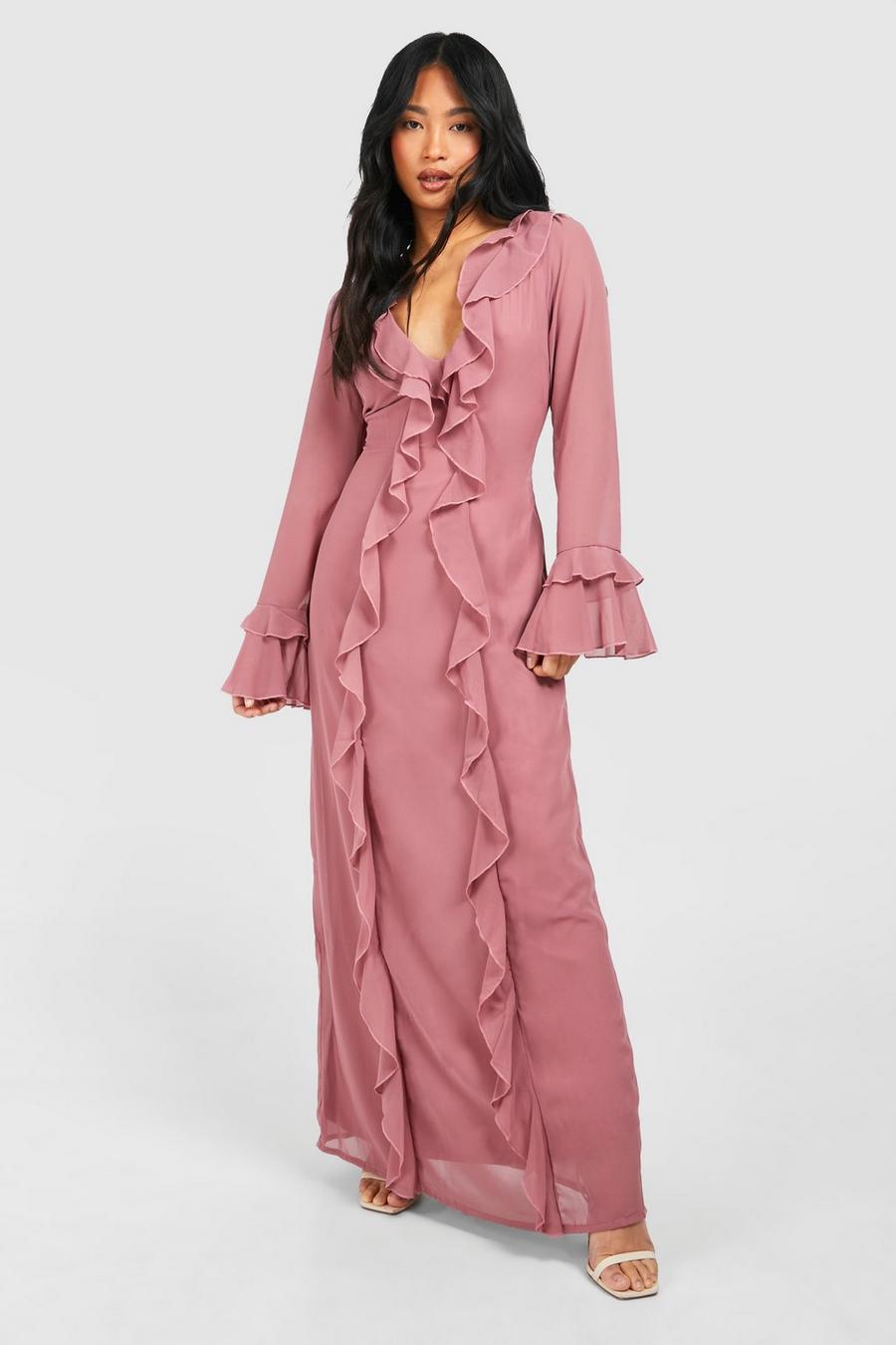 Rose pink Petite Plunge Ruffle Flare Sleeve Woven  Maxi Dress