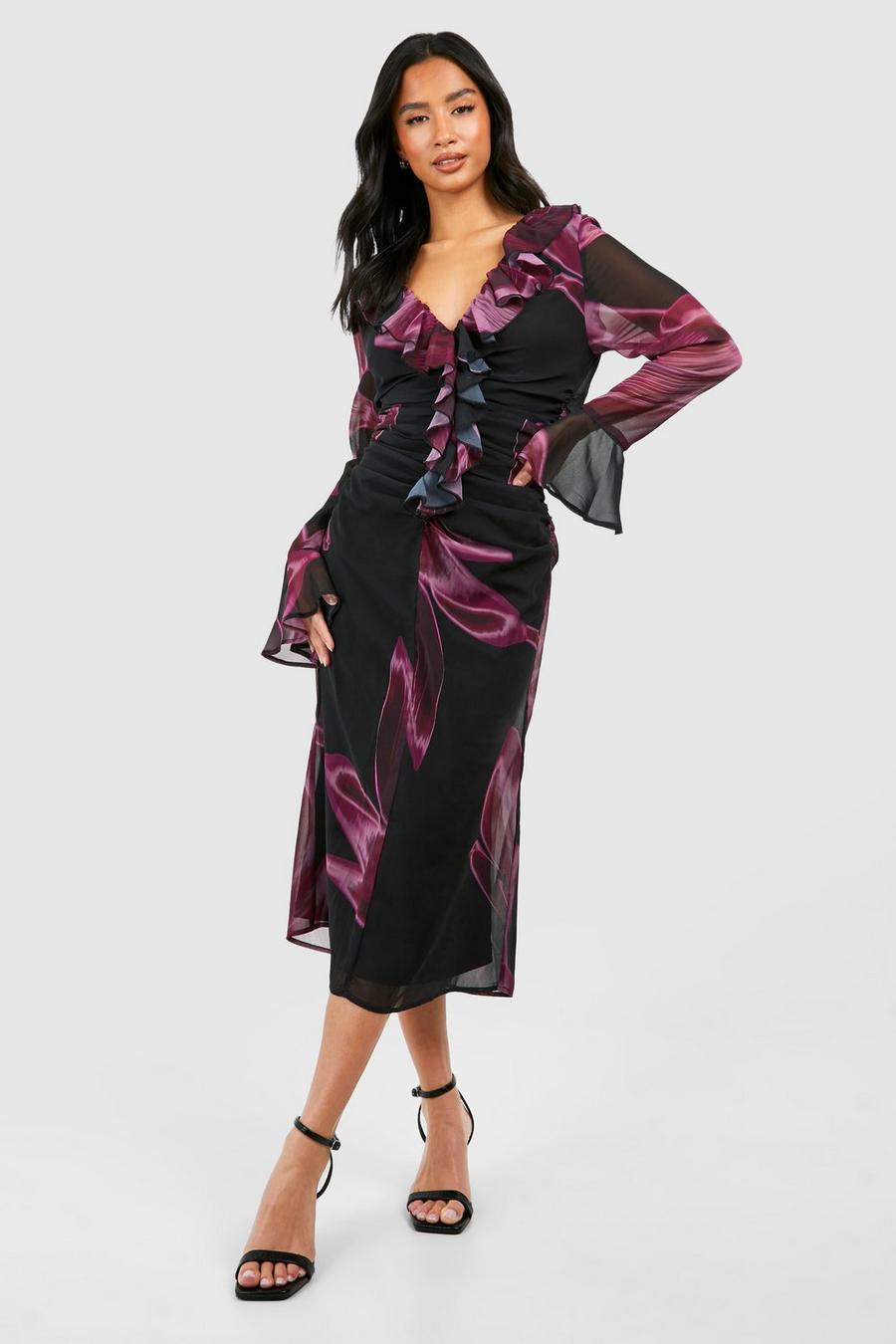 Purple Petite Dark Floral Ruffle Ruched Woven Midi Dress image number 1