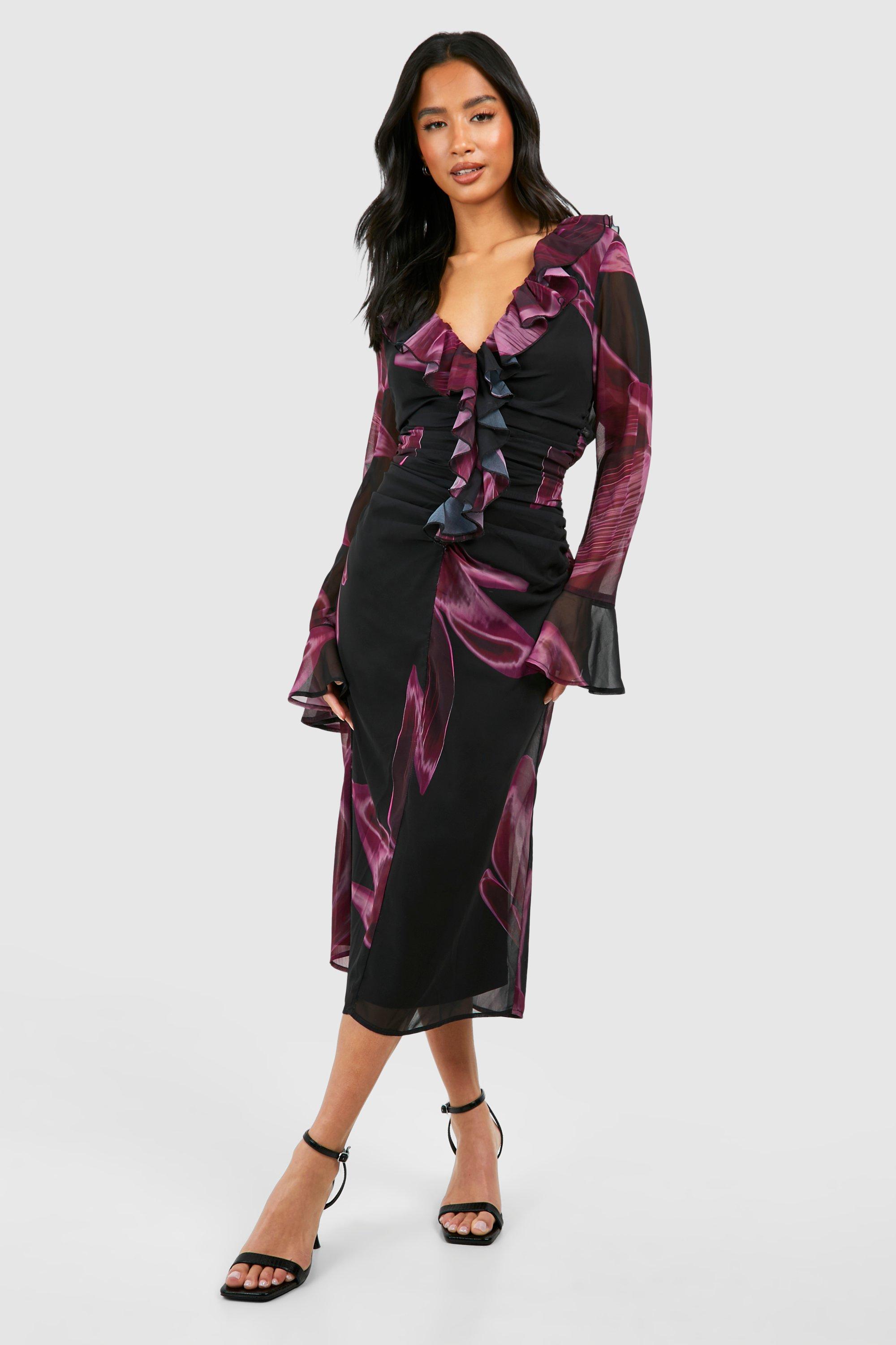 Petite Dark Floral Ruffle Ruched Woven Midi Dress | boohoo USA