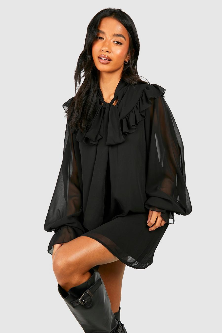 Black Petite Tie Neck Puff Sleeve Woven Mini Dress image number 1