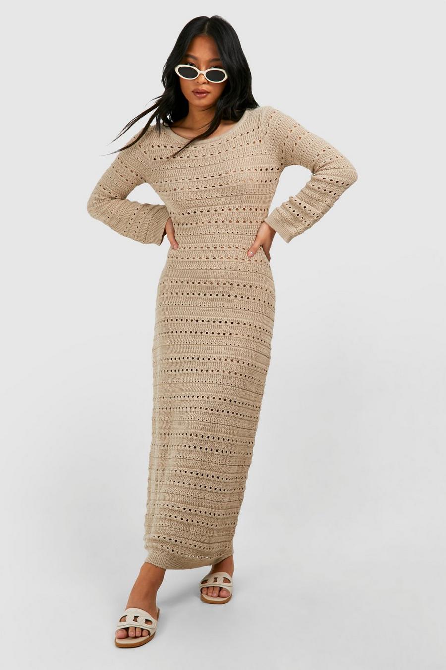 Sand Petite Crochet Flare Sleeve Tie Back Knitted Maxi Dress